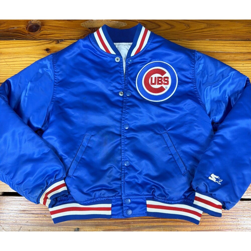 VTG Starter 80s Diamond Collection Chicago Cubs Youth Satin Bomber Jacket L RARE